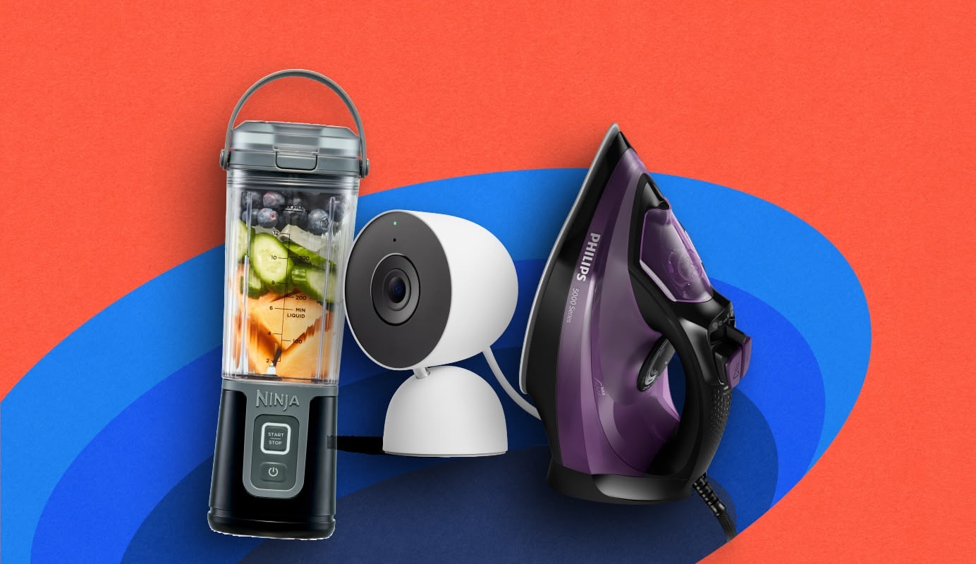 Image showing Ninja Blast Portable Blender in Black, Google Nest Cam Indoor Wired in White and Philips 5000 Series Steam Iron.