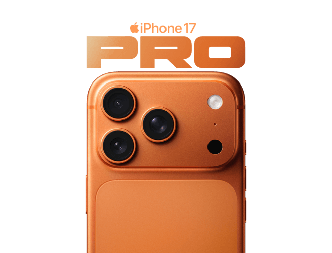 A close-up rear view of the iPhone 17 Pro showing triple-rear camera array. Text on image: iPhone 17 Pro.