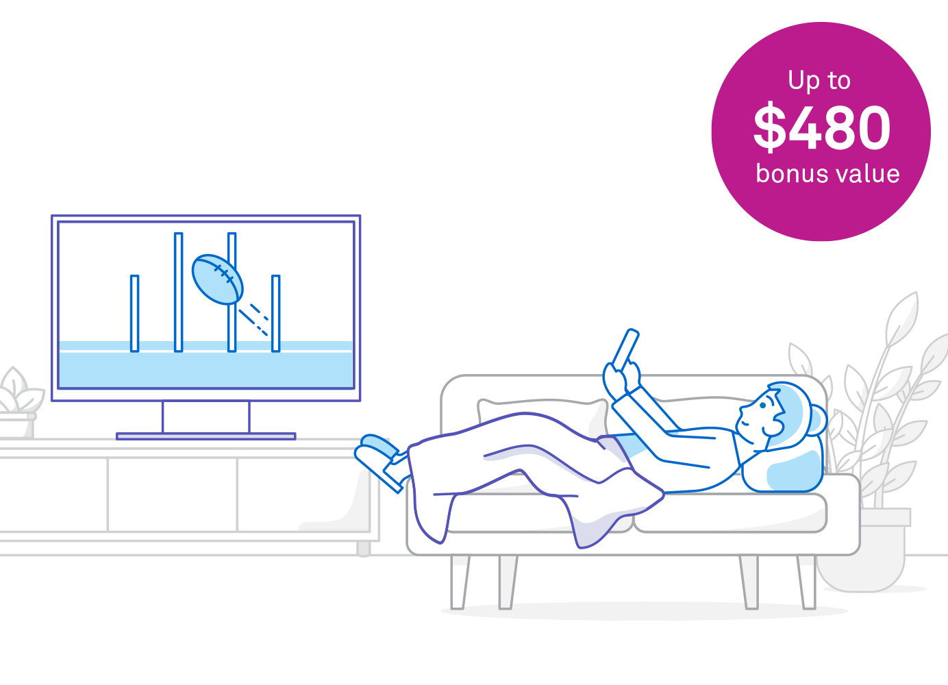 Girl reclines on couch with phone in front of TV showing AFL. Text in circle reads up to $480 bonus value. 