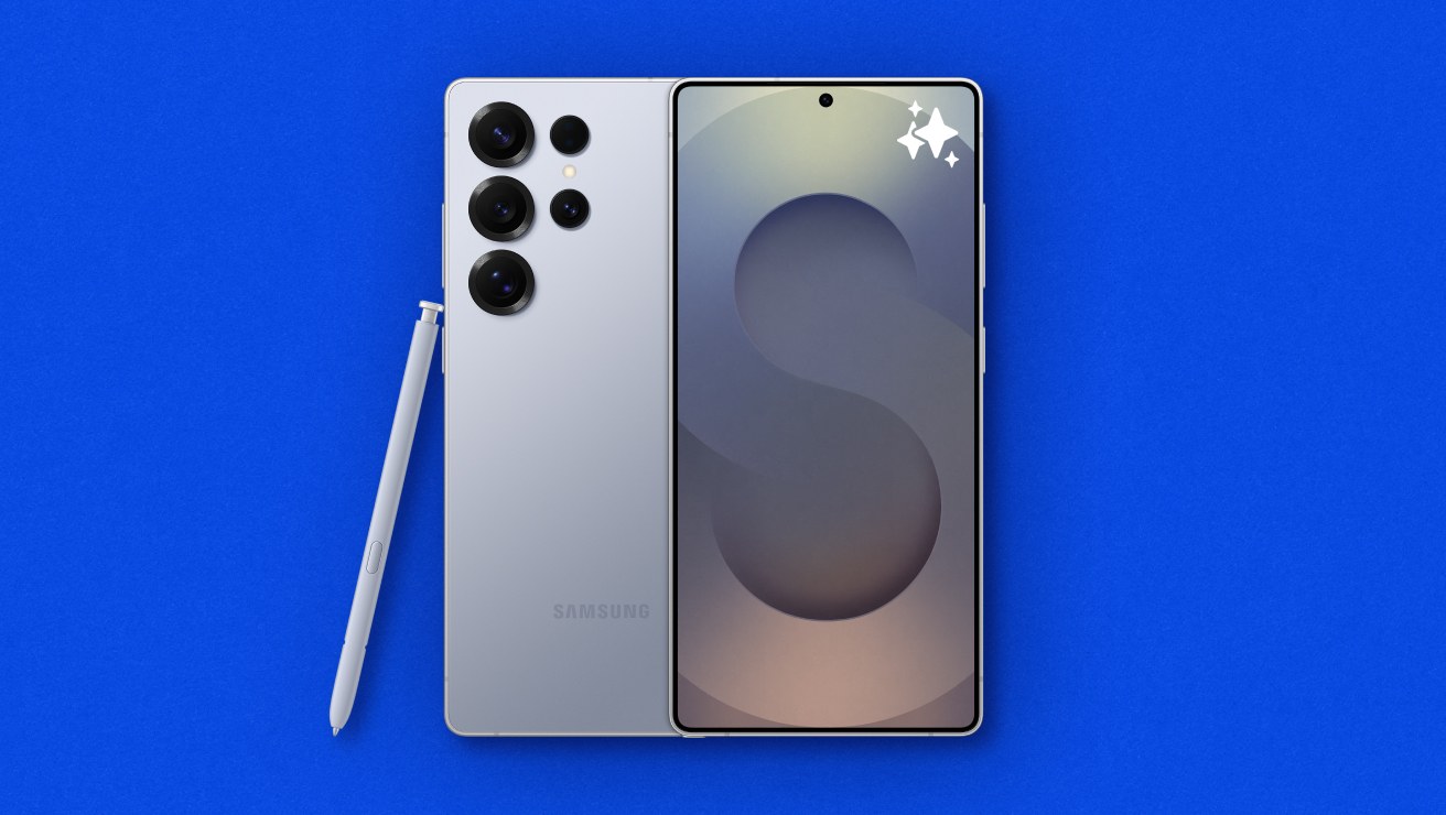 Front and rear view of Samsung Galaxy S25 Ultra in Titanium Silver Blue colour with S Pen in same colour sitting next to the phone on the left side at a 45 degree angle.