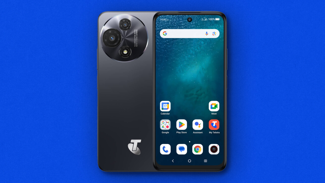 Telstra T-Prime 5G front and rear view in Space Grey. 