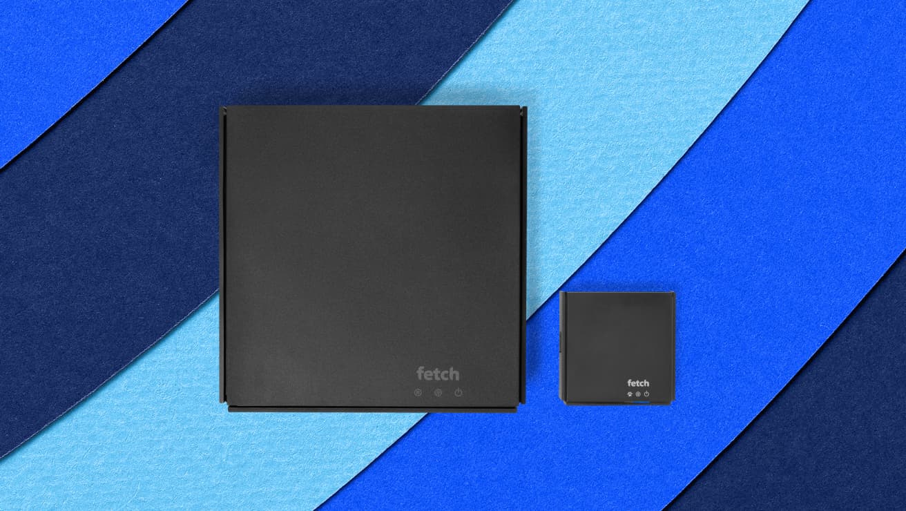 Fetch Mighty and Mini set top boxes on blue background.