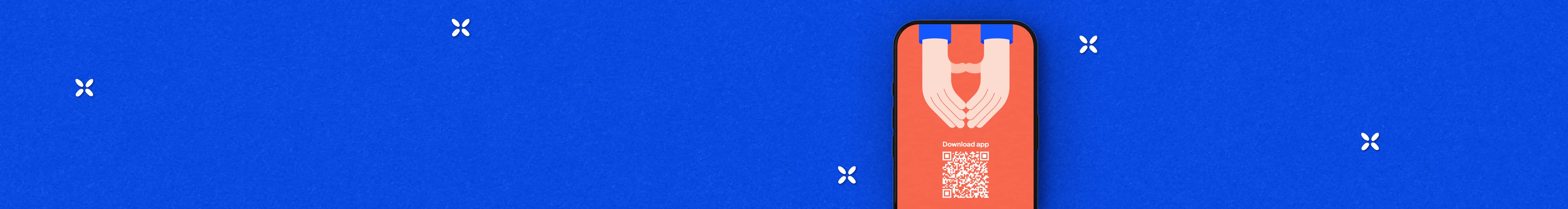 Image is a close-up of a phone displaying an interactive QR code with the text: Download app. 