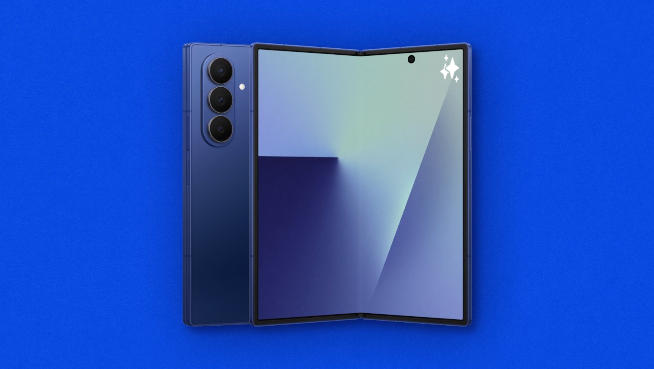 Part rear view with front view, open 45 degrees of the Samsung Galaxy Fold7 in Blue Shadow colour.