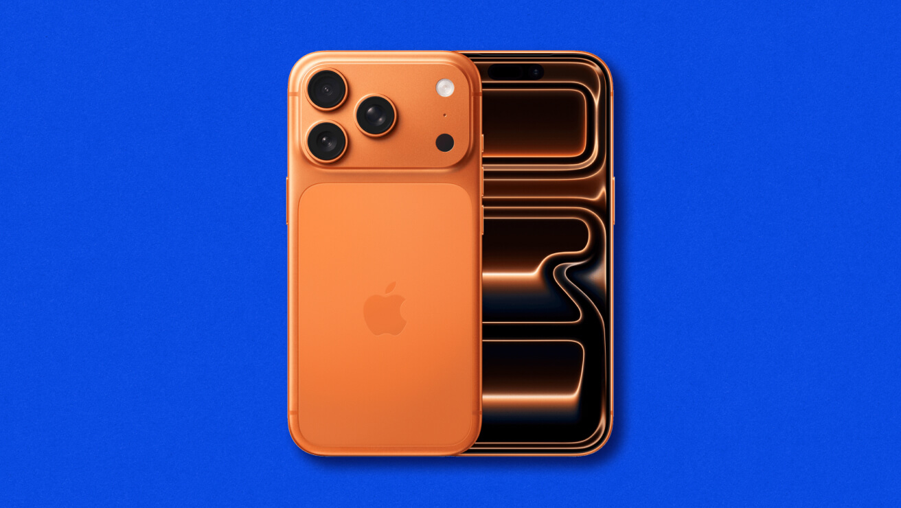 Front and rear view of the iPhone 17 Pro in cosmic orange.