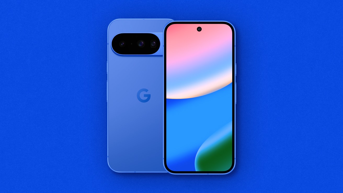 Front and rear view of the Google Pixel 10 in Indigo.