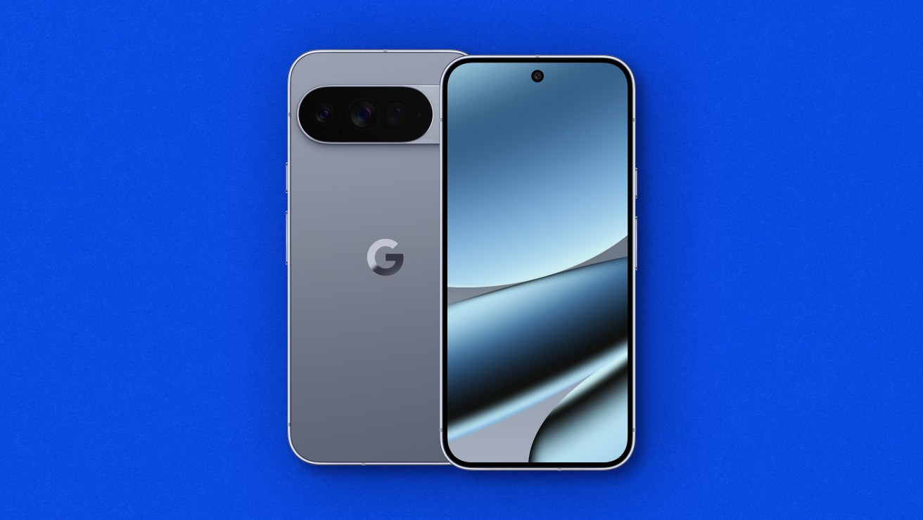 Front and rear view of the Google Pixel 10 Pro XL in Moonstone.