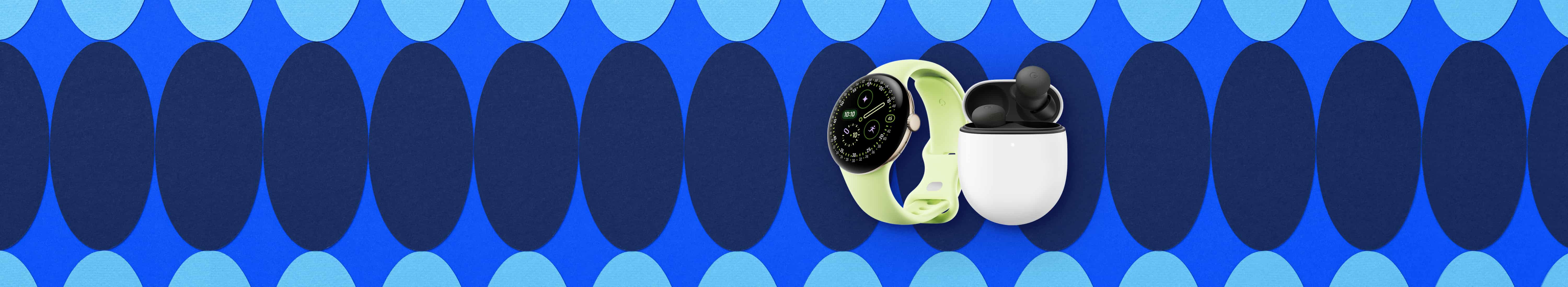 Slightly left angled front view of Google Pixel Watch 4 smartwatch with yellow band to the left, sitting next to black Google Pixel Buds Pro 2 in white charging case to the right.