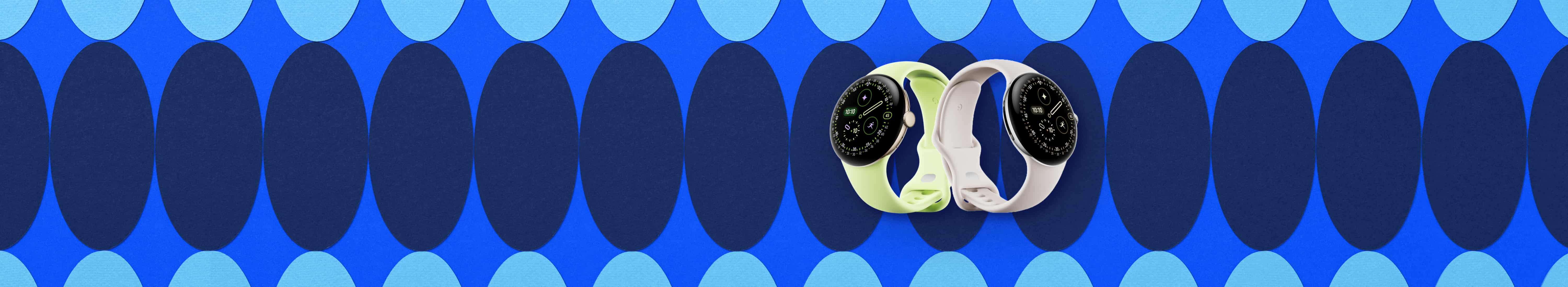 Two Google Pixel Watch4 smartwatches sitting side-by-side at three-quarter angle. Smartwatch to the left has yellow band, smartwatch to right has porcelain band. Both feature black displays.