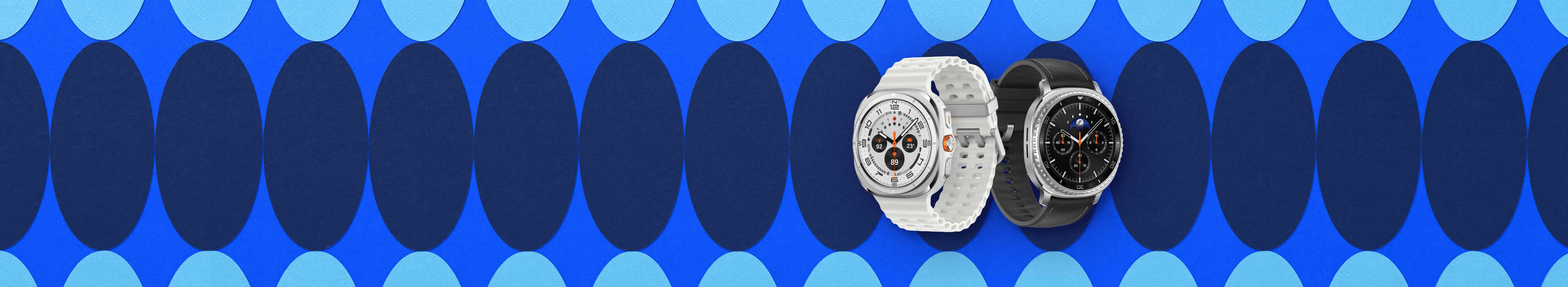 Two smartwatches sitting side-by-side. Samsung Galaxy Watch Ultra 47mm (LTE) in Titanium White at three quarter angle to left. SamsungGalaxy Watch8 Classic 46mm with black band at three quarter angle to right.