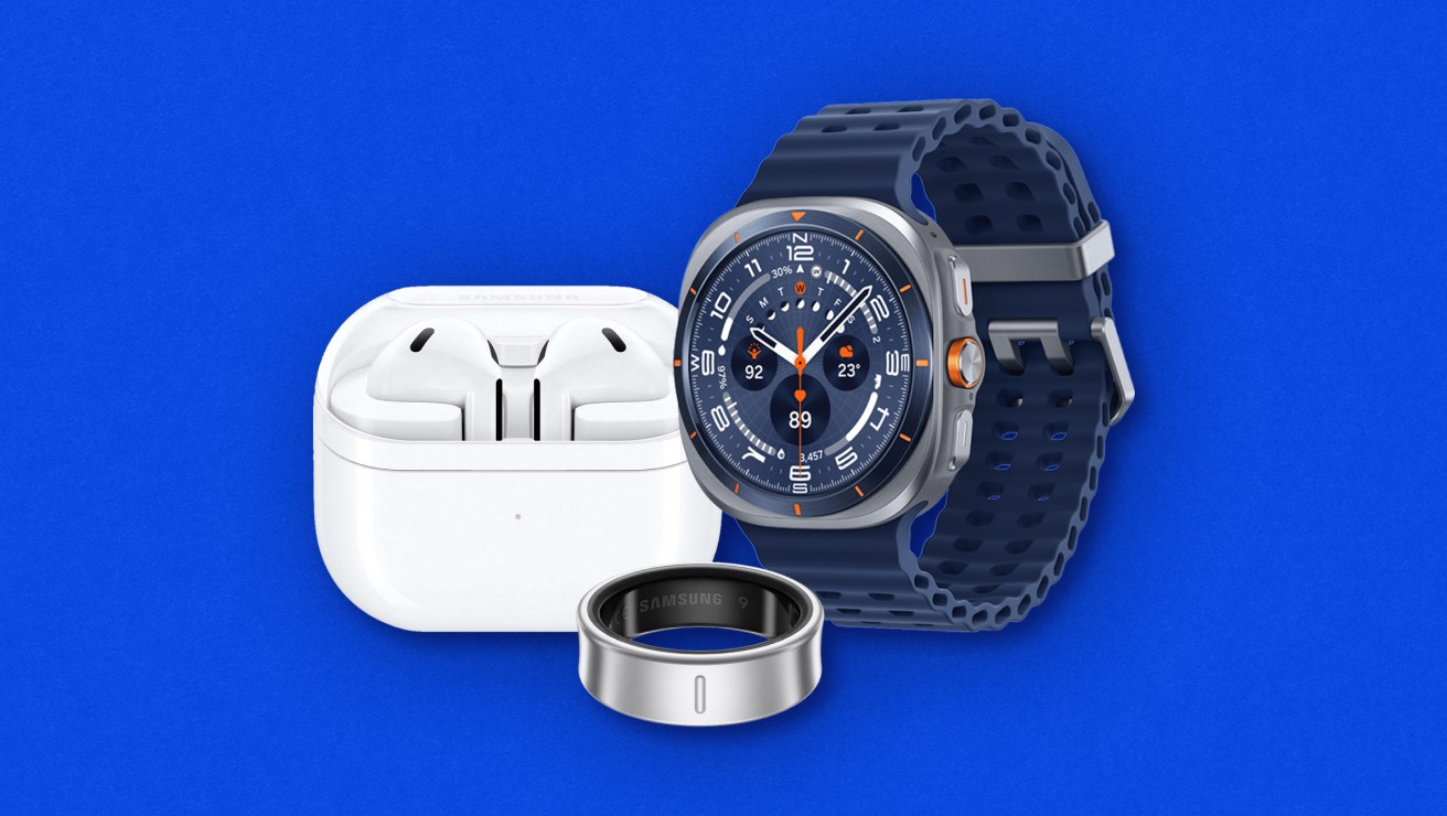 Flat lay of accessories. White Samsung Galaxy Buds 3 in charging case and left-angled Galaxy Watch Ultra with blue band in background. Silver Samsung Galaxy smart ring in foreground.