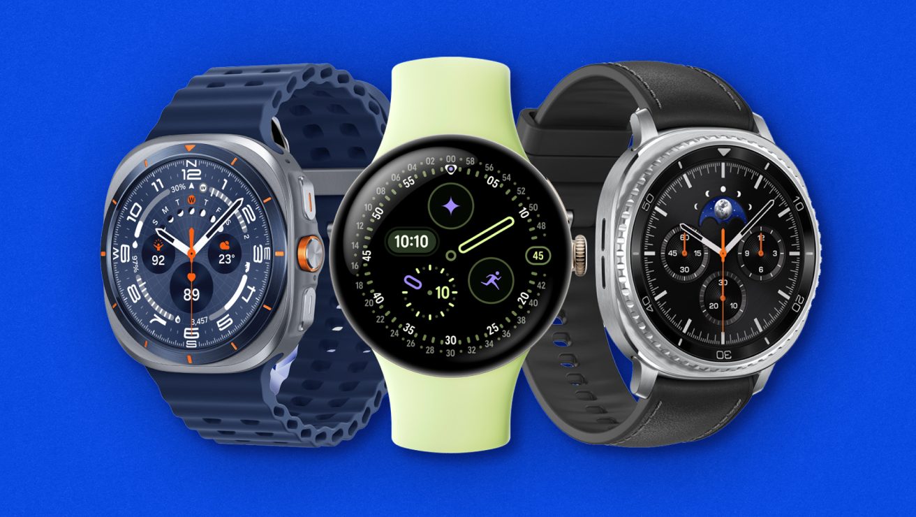 Three smart watches side-by-side. First, left-angled Galaxy Watch Ultra with blue band. Second, front-on purple Google Pixel Watch4. Third, right-angled Galaxy Watch8 Classic.
