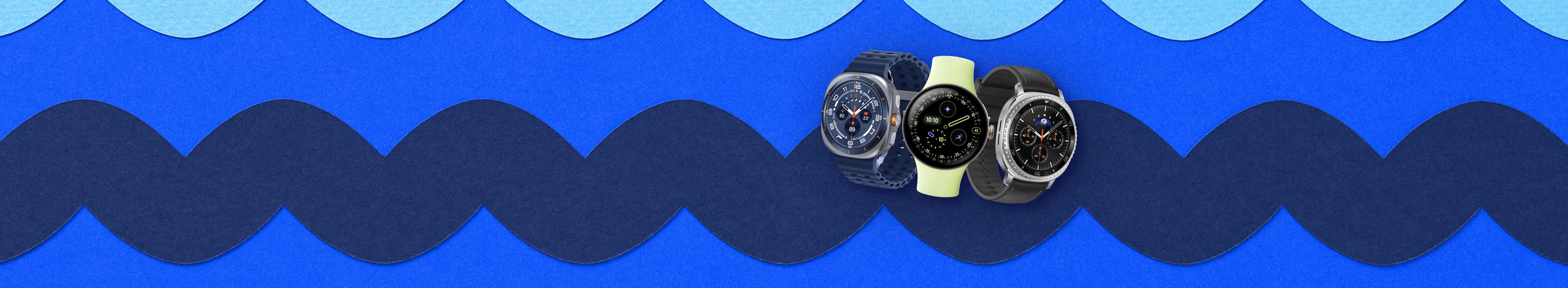 Three smart watches side-by-side. First, left-angled Galaxy Watch Ultra with blue band. Second, front-on yellow Google Pixel Watch4. Third, right-angled Galaxy Watch8 Classic.