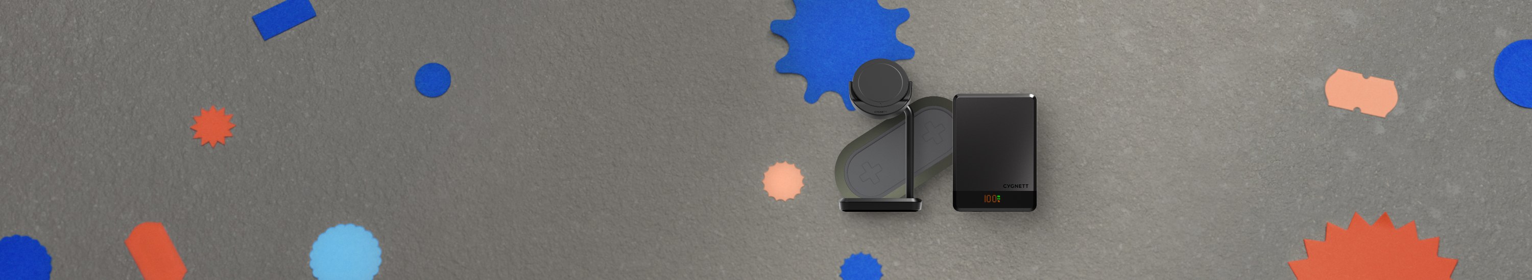 Image showing three charging accessories. Black Cygnett ChargeBase Qi2 2-in-1 Magnetic Wireless Charger, black Cygnett MagSlim 10k Powerbank and grey Sprout 15W Dual Wireless Charging Pod