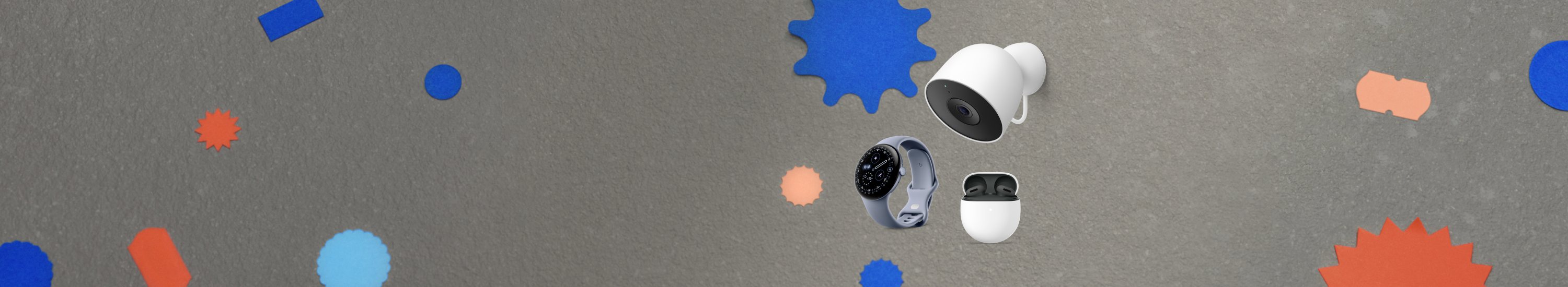 Image showing three Google accessories. Moonstone grey Pixel Watch 4, porcelain white Pixel Buds Pro 2 and white Nest Cam Outdoor Wired.