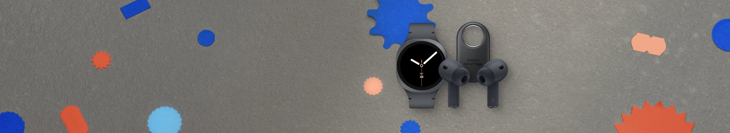 Image showing three Samsung accessories. Black Galaxy Buds3 FE, graphite grey Galaxy Watch8, and black Galaxy SmartTag2.