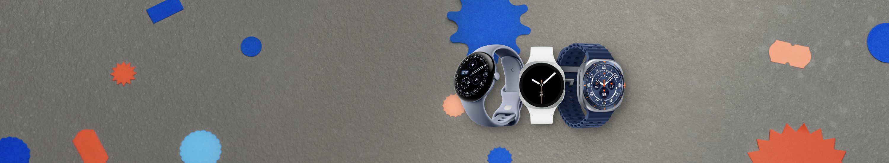 mage showing three smart watches. White Samsung Galaxy Watch8, silver/iris Google Pixel Watch 4, and titanium blue Samsung Galaxy Watch Ultra 2025.