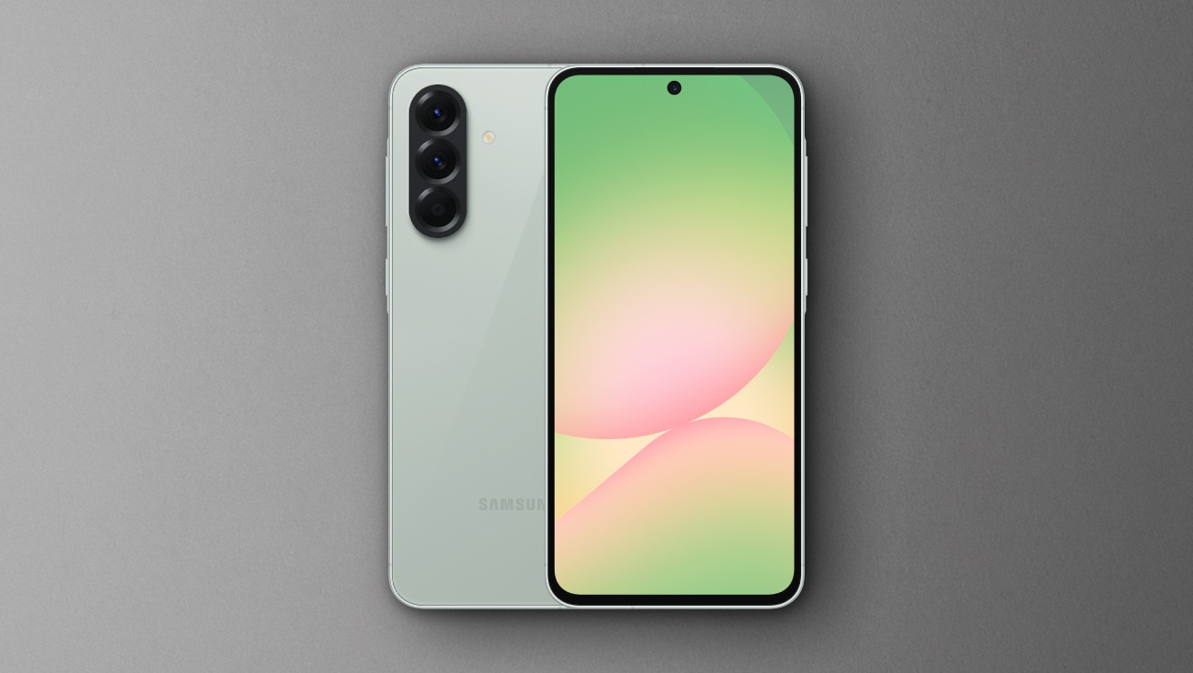 Front and rear view of Samsung Galaxy A56 in Awesome Olive  colour.