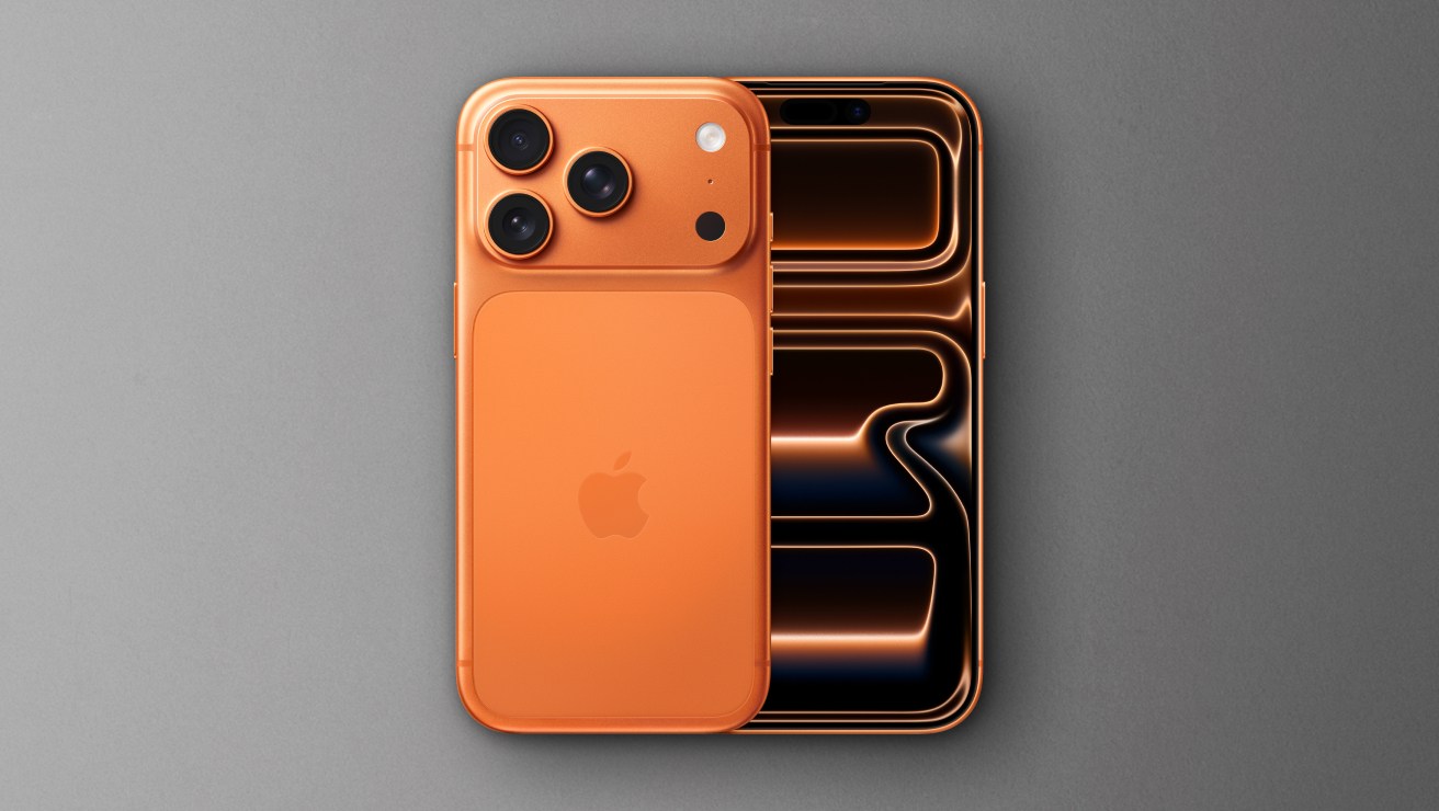 Front and rear view of iPhone 17 Pro in Cosmic Orange colour.