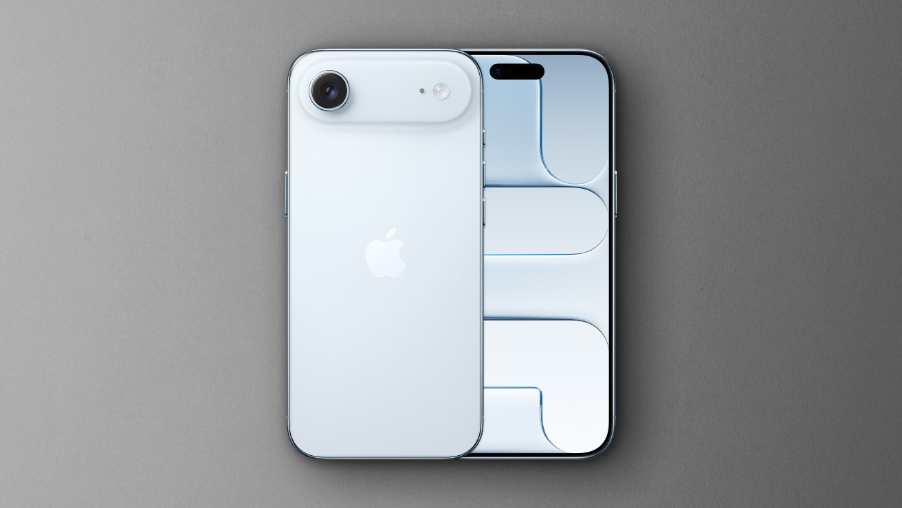 Front and rear view of iPhone Air in Sky Blue colour.