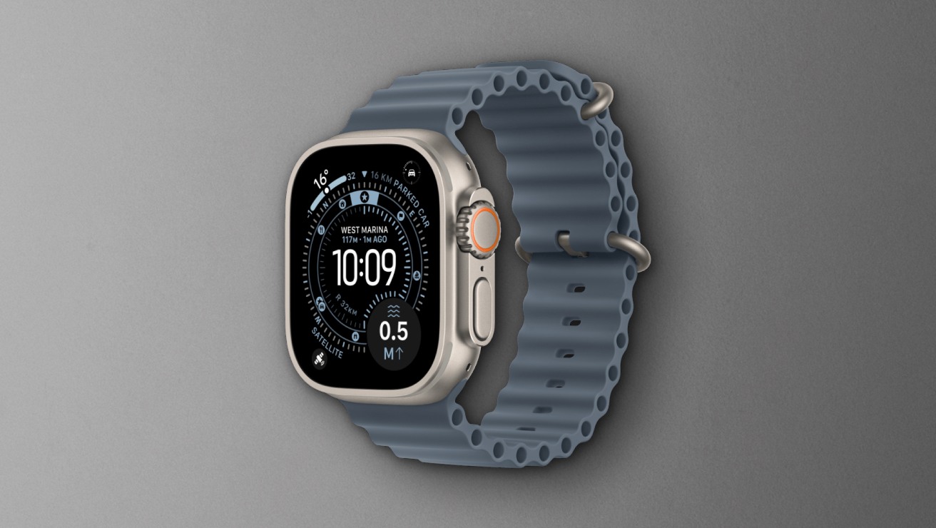 Apple Watch Ultra 3 49mm Ocean Band front view in Natural Titanium colour.