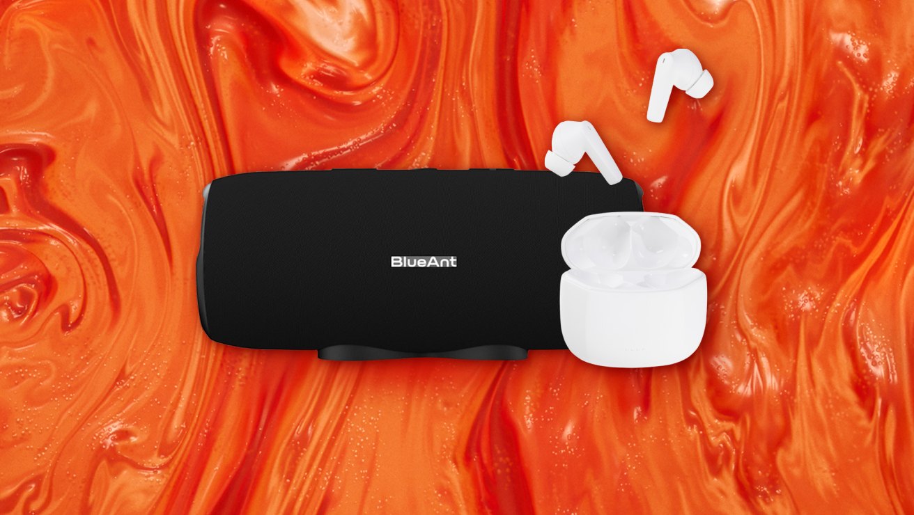 Flat lay view of audio accessories against orange background. Left to right is horizontal view of black BlueAntX3i Bluetooth Speaker, black SonyWF C510 True Wireless In-Ear Headphones shown with matching charging case.