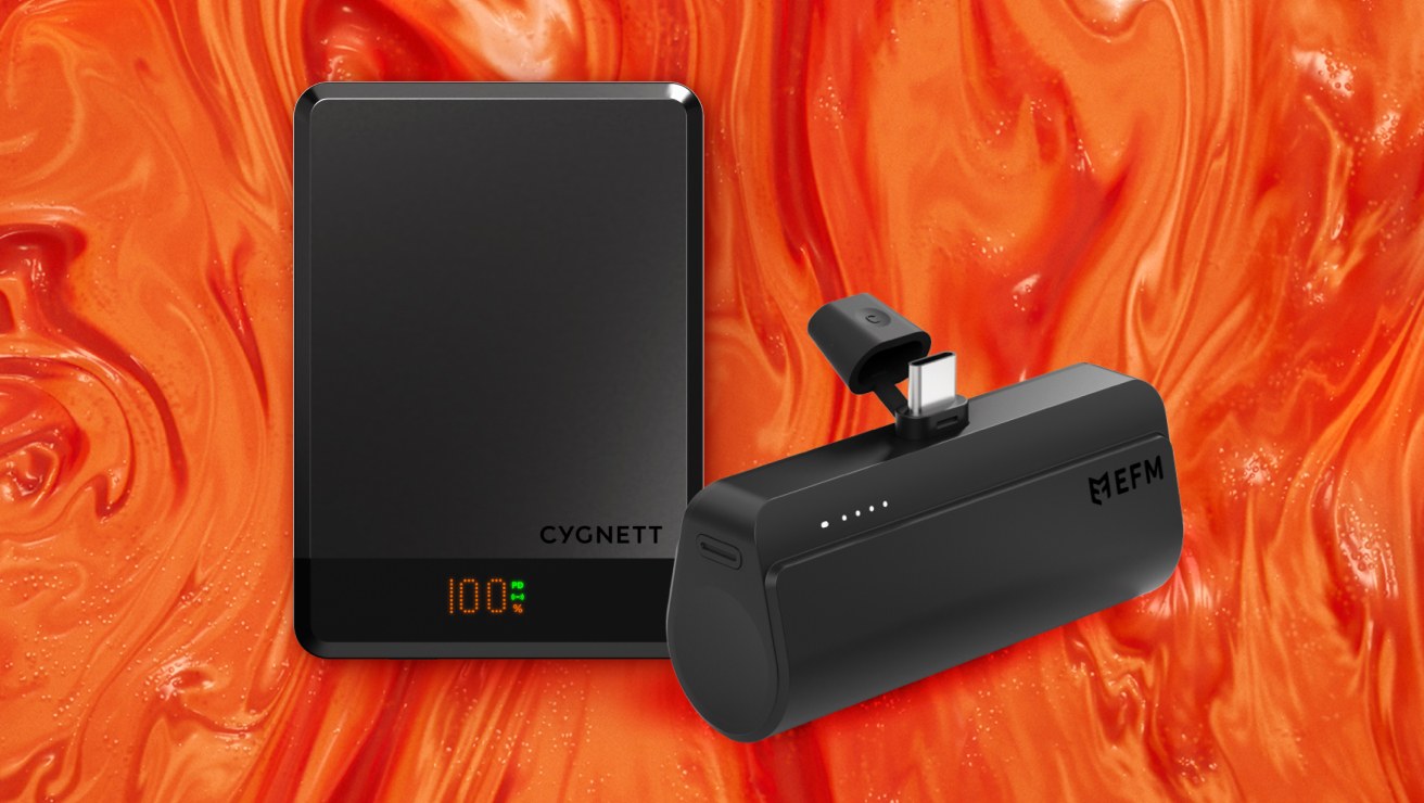 Flat lay of charging accessories shown against orange background. Left to right is black Cygnett Mag Slim 10k Powerbank, white MophieSnap Wireless Qi2 3-in-1 Charge Stand. 