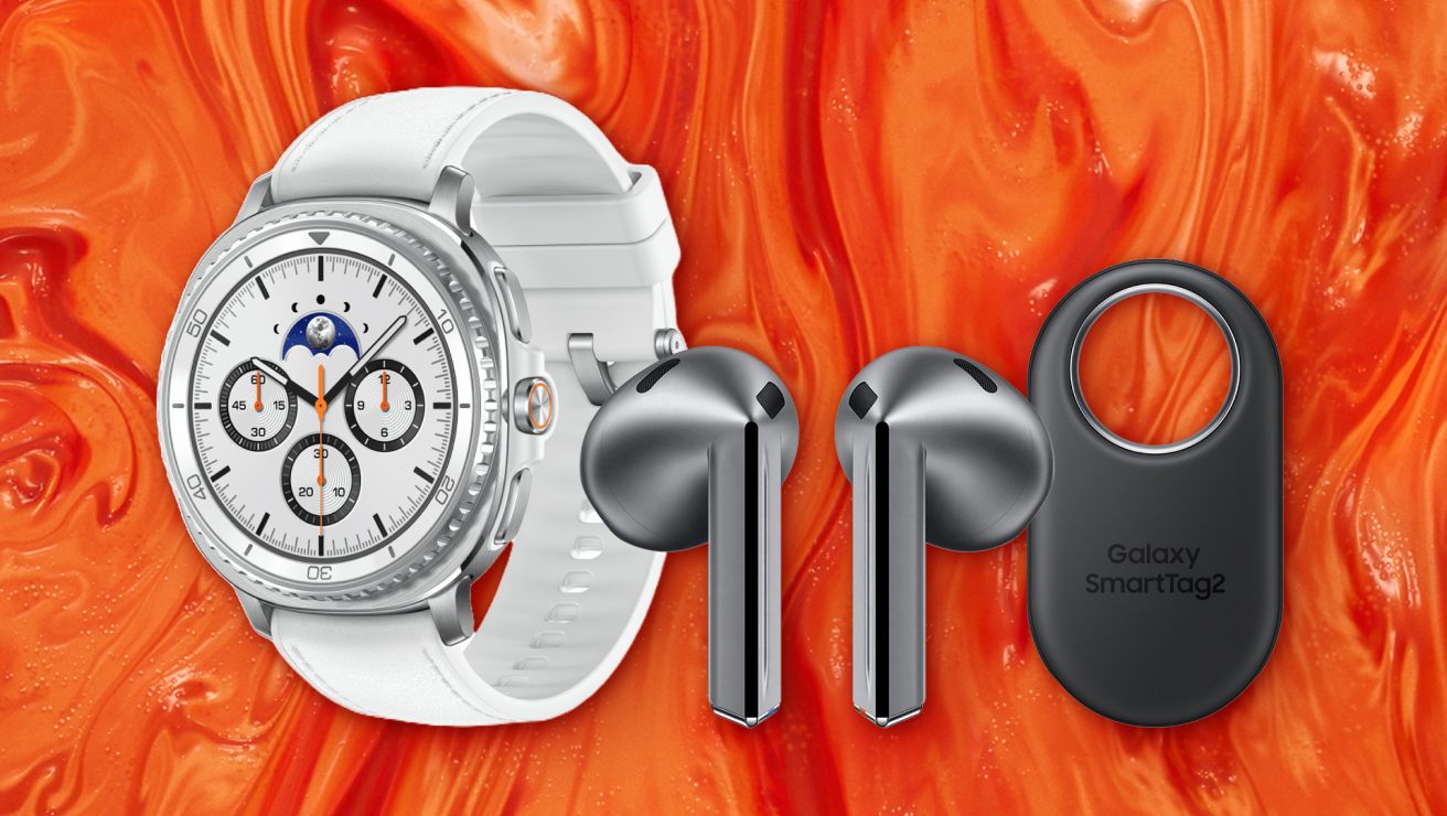 Flat lay image of Samsung accessories against orange background. Left to right is Samsung Galaxy Watch8 Classic with black band, silver Samsung Buds3, and Samsung SmartTag