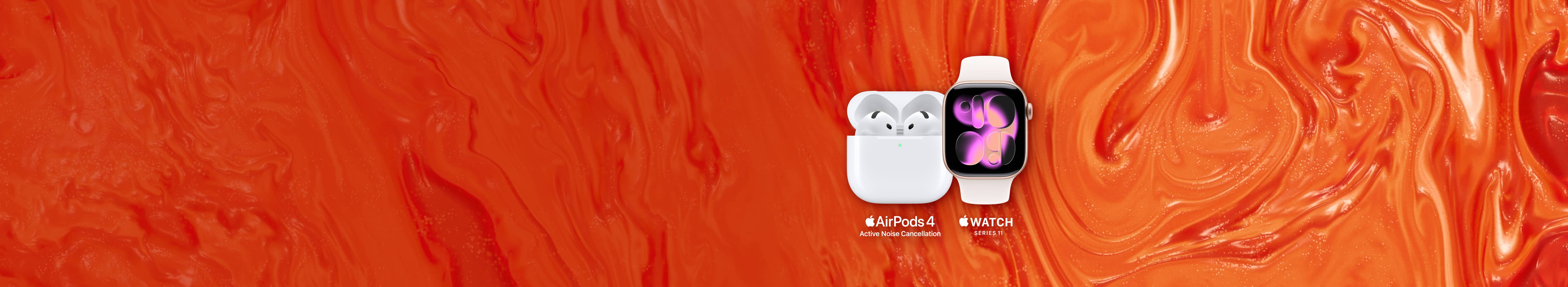 Flat lay image of Apple accessories sitting side by side. Left to right: white Apple AirPods 4 with Active Noise Cancellation shown nestled in open white charging case. White Apple Watch Series 11 GPS + Cellular 42mm Sport Band with rose gold detailing.