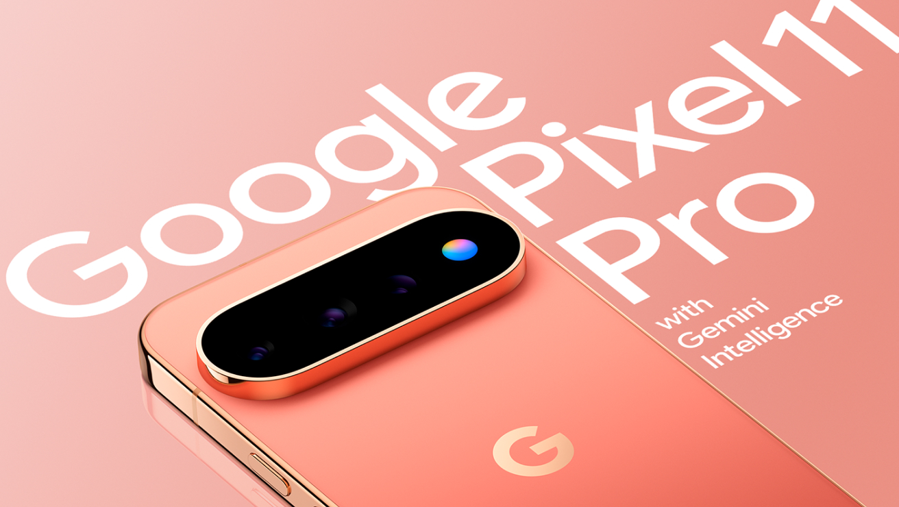 Rear view of Pixel 11 Pro showing rear camera array, plus the power and volume buttons on the side. Text on image: Google Pixel 11 Pro XL with Gemini Intelligence.