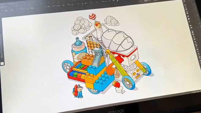 Digital illustration in development, showing colour, detail and composition being refined on screen.