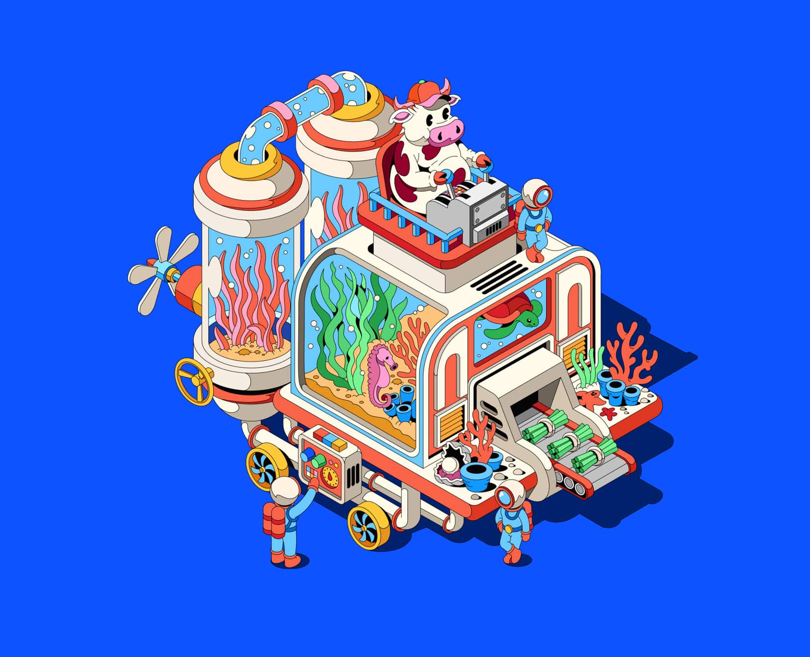 Illustration inspired by Sea Forest, showing a mobile underwater ecosystem filled with coral, seaweed, fish, turtles and a seahorse. A cow operates machinery from the top of the structure while workers manage controls below. Pipes, tanks and propellers connect the marine environment inside the vehicle-like structure.