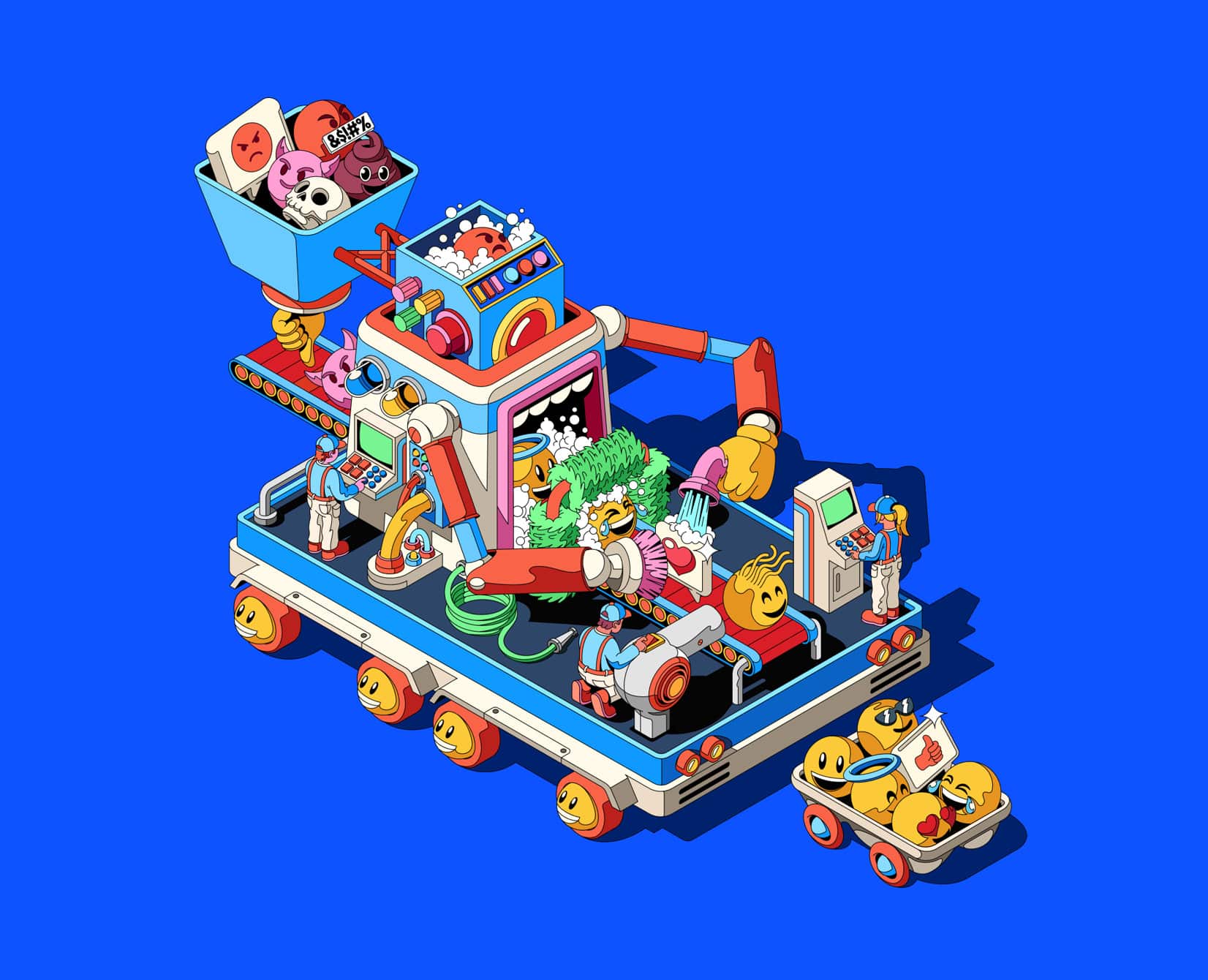 Illustration inspired by Social Protect, showing a whimsical processing machine on wheels that cleans and sorts expressive emoji-like faces. Robotic arms scrub and wash the characters, turning them from characters that are angry, mad and bully-like into characters that are happy and fun, while workers monitor the operation from control consoles. A small trolley carrying processed emoji faces follows alongside.