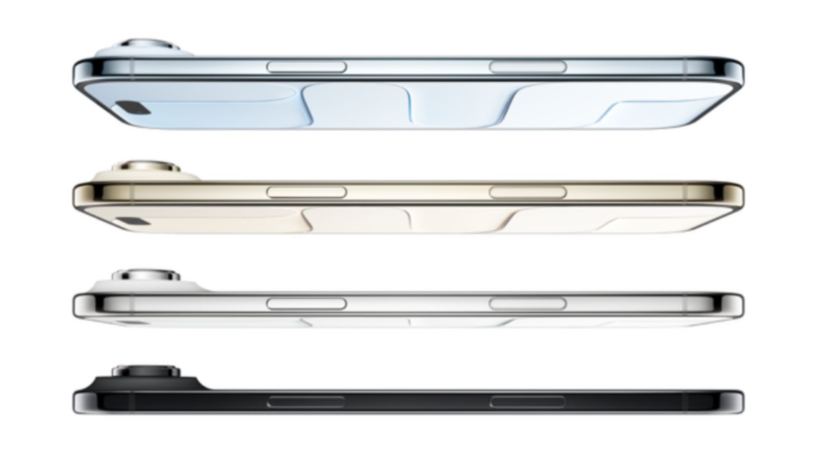 Four iPhone 17 Airs stacked on top of one another with a gap in between each, showcasing how thin they are from their side view.