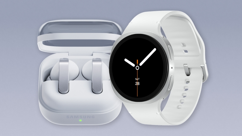 On the left is Samsung Galaxy Buds4 and on the right is Samsung Galaxy Watch8