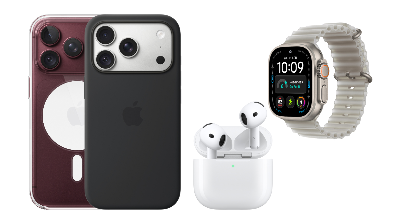 Back views of iPhone 18 Pro in clear and silicon cases, front view of AirPods 5 and side view of Apple Watch Ultra 4.