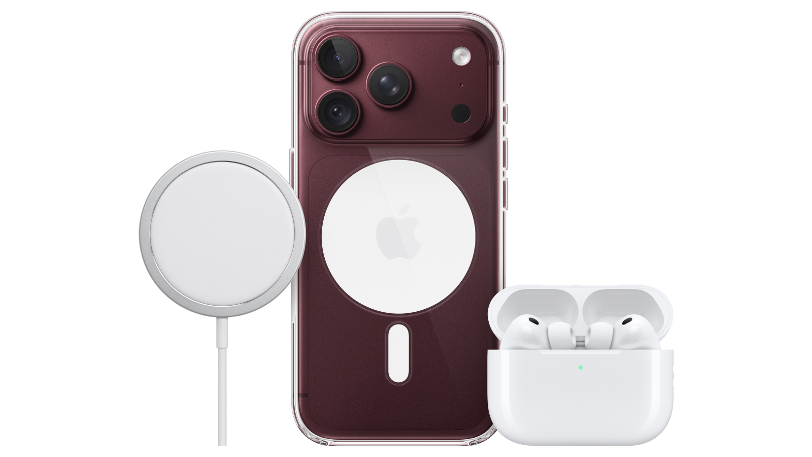 Apple iPhone 18 Pro burgundy in clear case shown with Magsafe wireless charger and AirPods Pro 3 charging case containing earbuds.