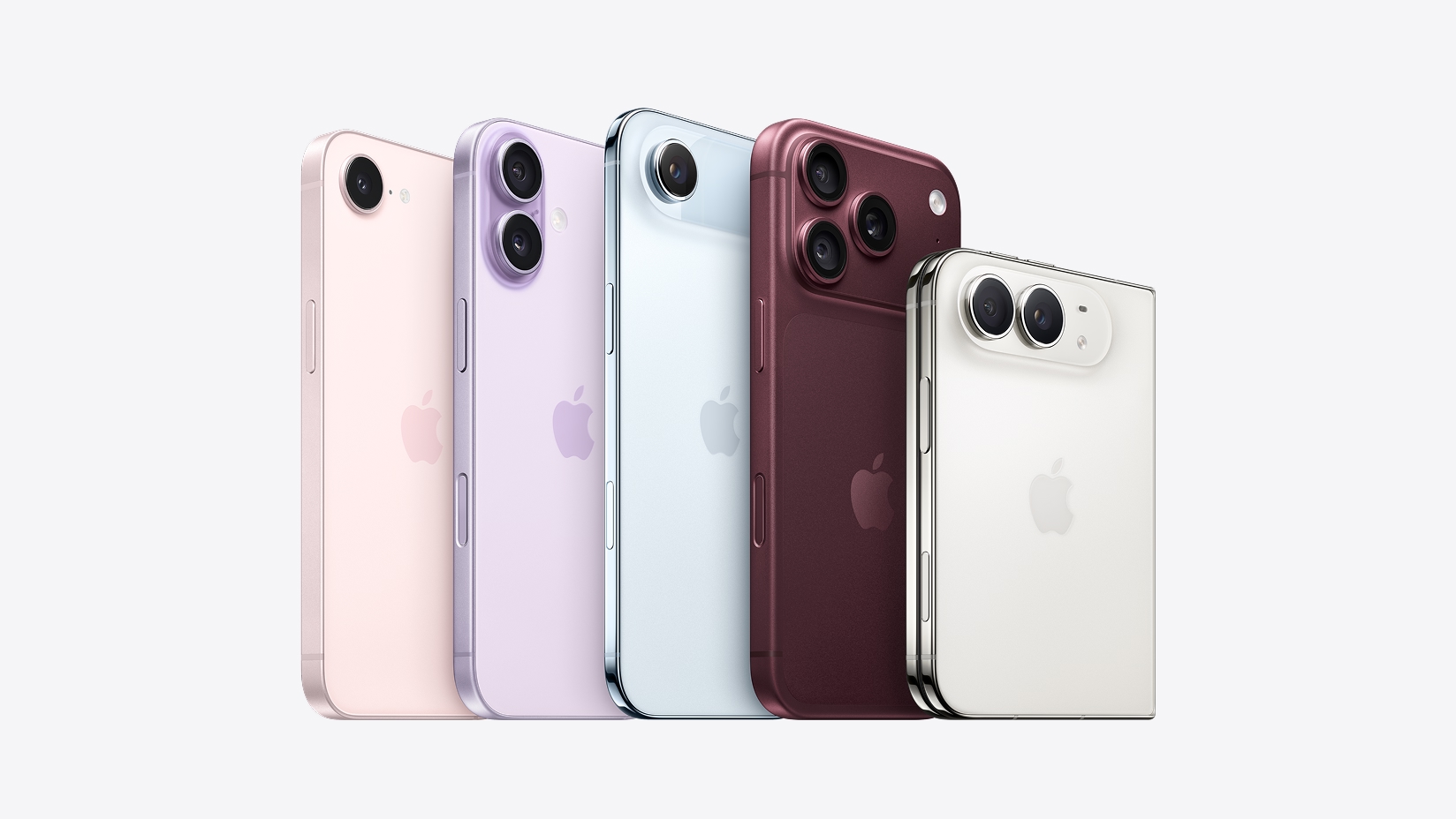 A line-up of iPhone: iPhone 16e, iPhone 17, iPhone Air, iPhone 18 Pro Max and iPhone Duo.
