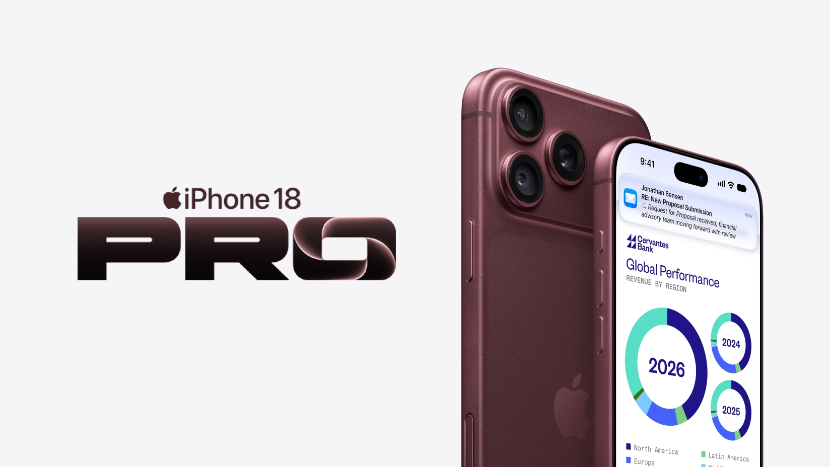Front and rear views of a burgundy iPhone 18 Pro shown at an angle. The rear view shows three cameras and the front display shows charts, graphs and a notification.