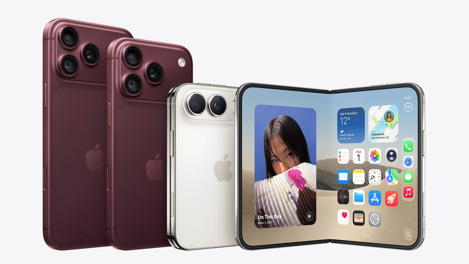  iPhone Pro Max, iPhone 18 Pro (both in burgundy) and two iPhone Duo devices, one opened. 