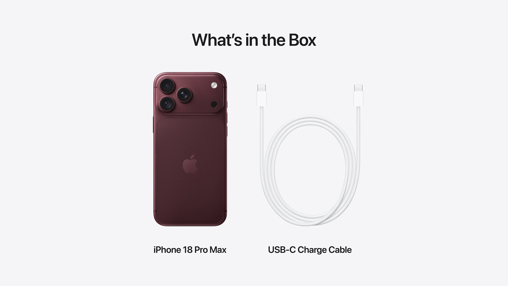  iPhone 18 Pro Max, in burgundy, alongside a USB-C charging cable.