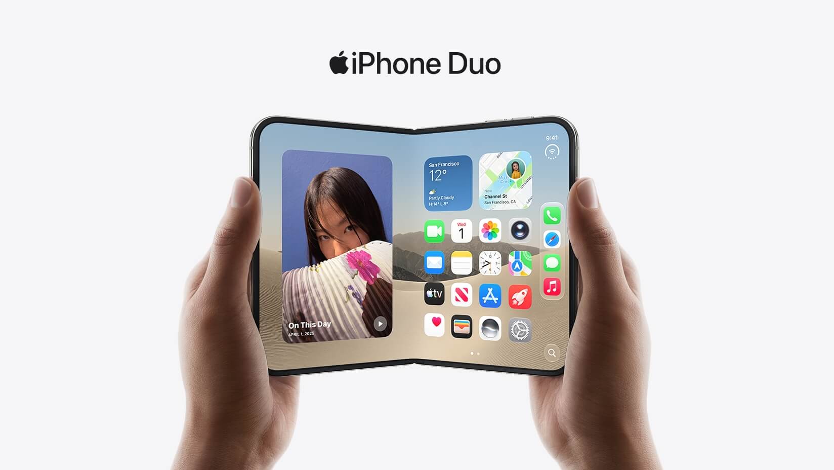 iPhone Duo, opened to its inner screen, showing a homescren filled with widgets and app icons. Text above the device reads iPhone Duo.