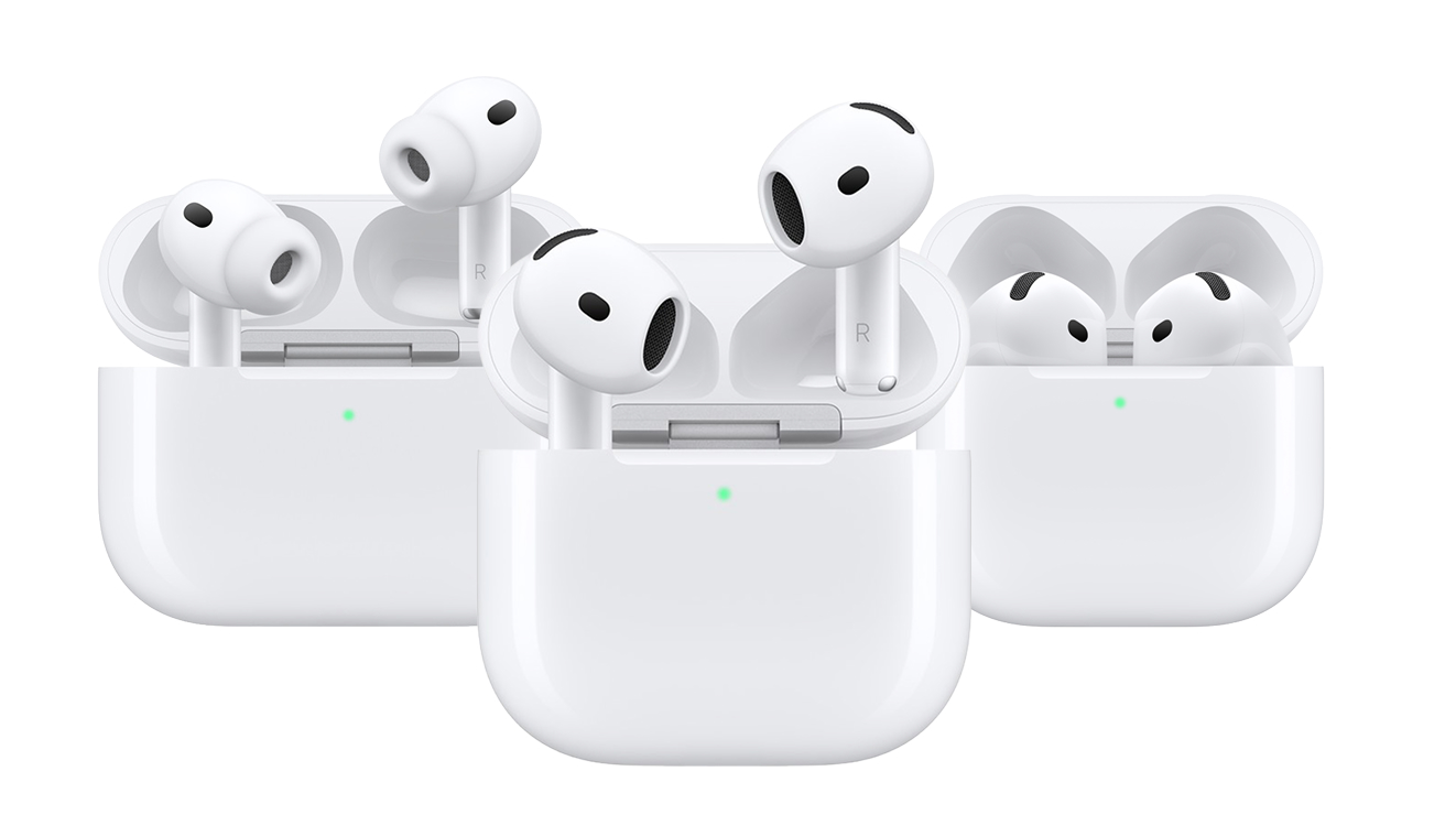 Front views of AirPods Pro 3, AirPods 5 with Wireless Charing Case, and AirPods 5.