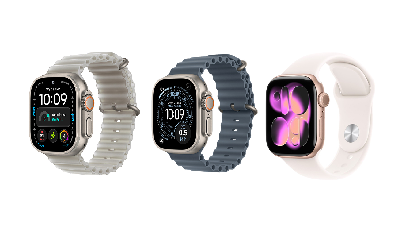 Side views of Apple Watch Ultra 4 with Ocean Band in Translucent Grey, Apple Watch Ultra 4 with Ocean Band in Translucent Black, Apple Watch Series 12. 