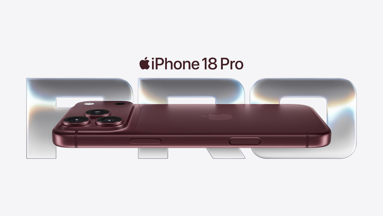 A burgundy iPhone 18 Pro, in front of the word Pro in all-caps. 