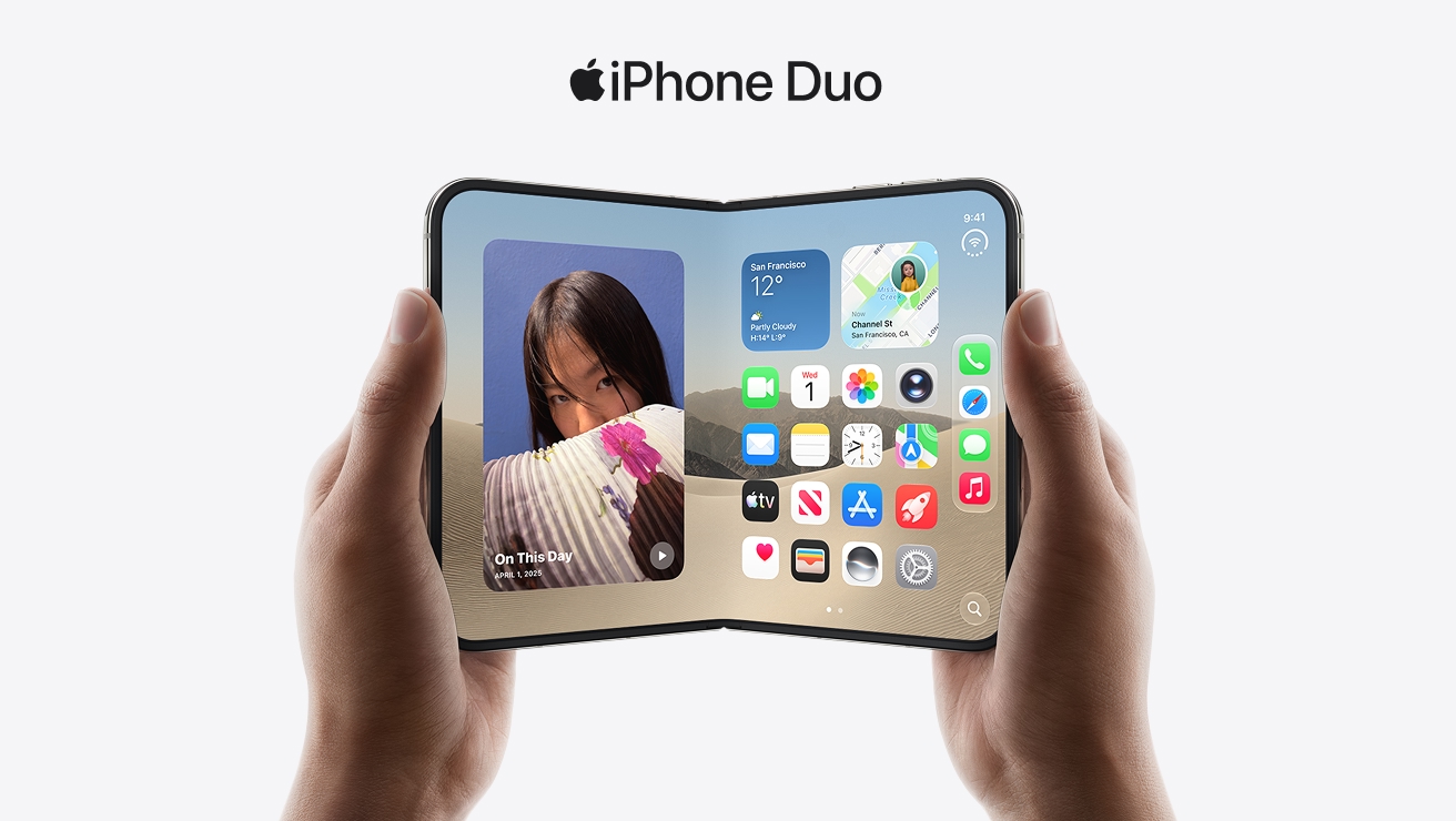iPhone Duo, opened to its inner screen, showing a homescreen filled with widgets and app icons. Text above the device reads iPhone Duo.