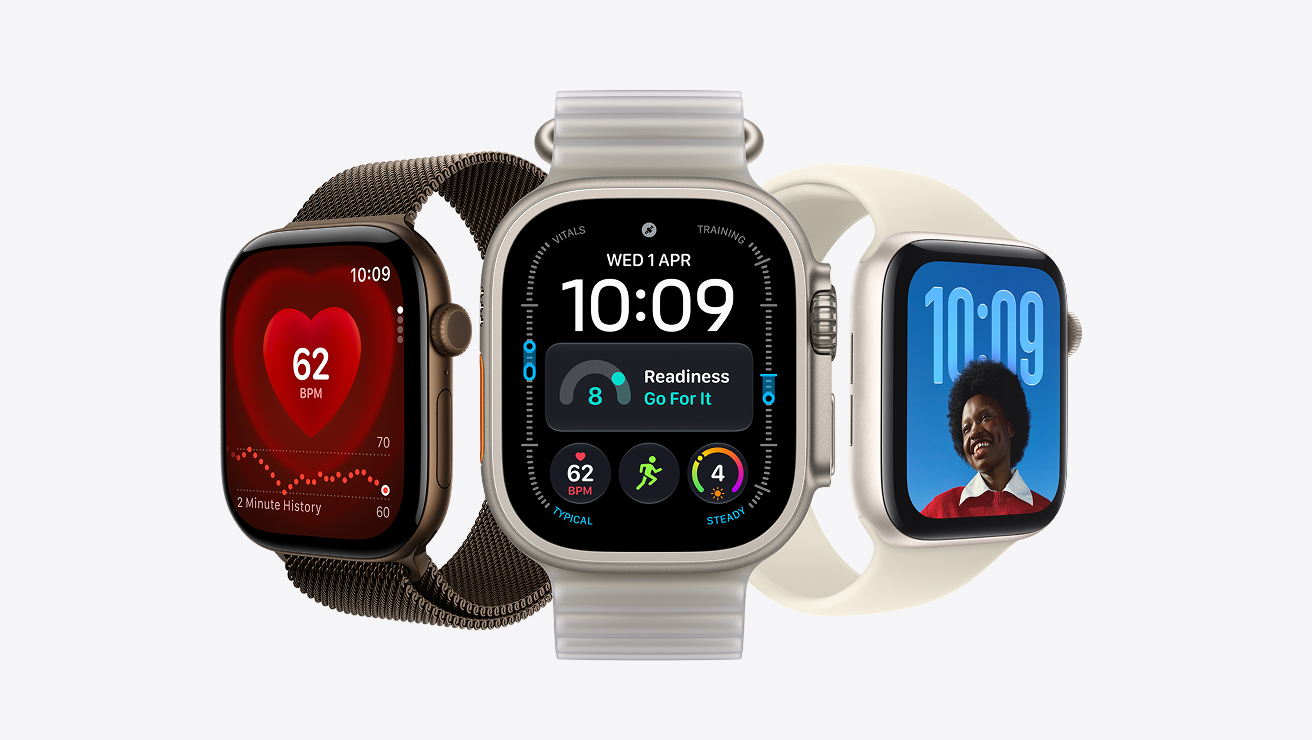 Three Apple Watch Series 12 devices, each showing a different feature (heart tracking, a watch face filled with different complications, a photo watch face. They all show 1009 as the time, the date of their announcement.