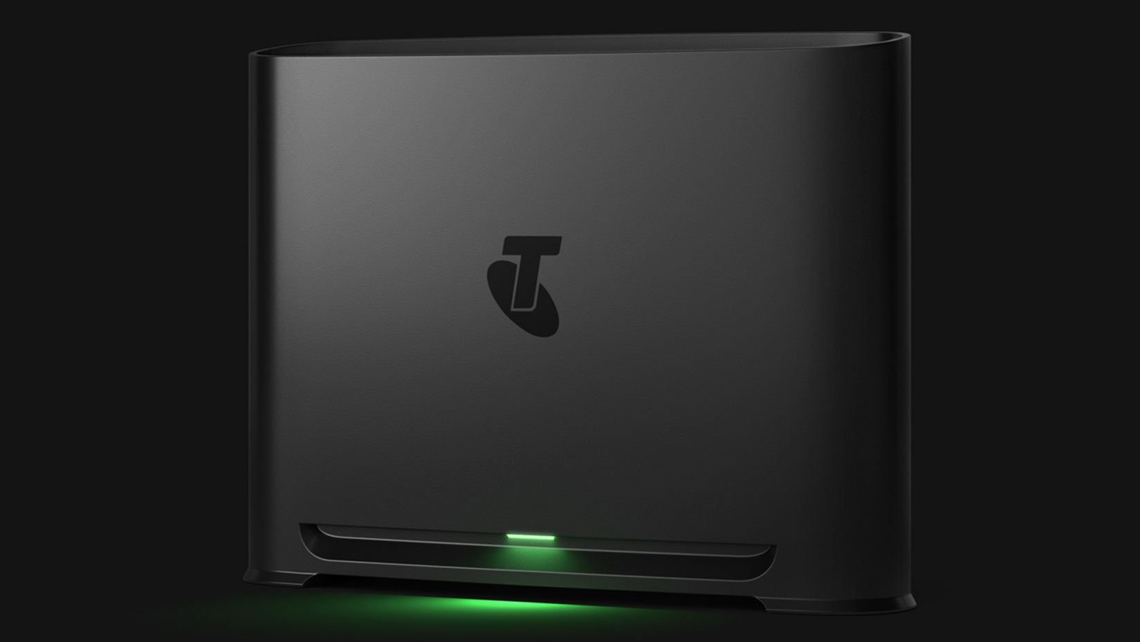 Telstra Smart Modem 4 with a green light on, set against a dark background.