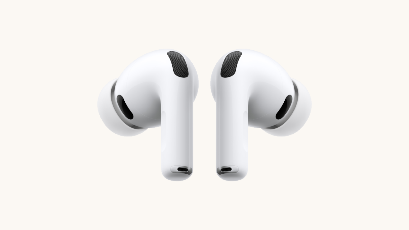 Apple AirPods Pro 3 in white, featuring an in-ear design with silicone tips and short stems, shown side by side.