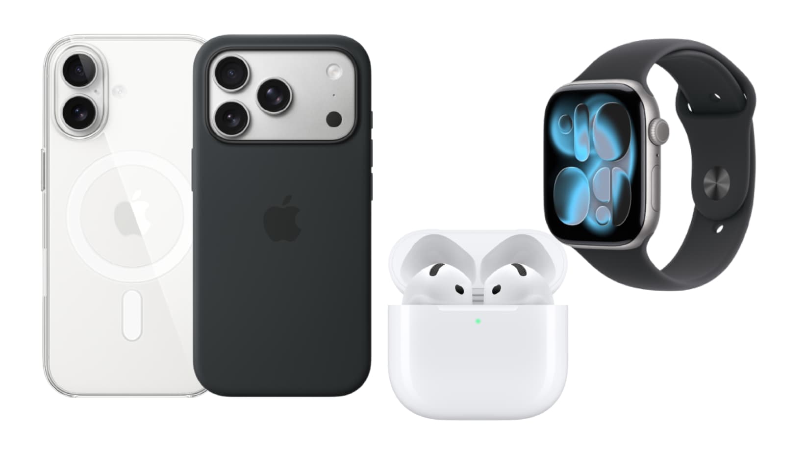 From left to right, iPhone 17 Clear Case, iPhone 17 Pro Silicone Case in Black, Airpods 4 and Apple Watch 11 are laid out